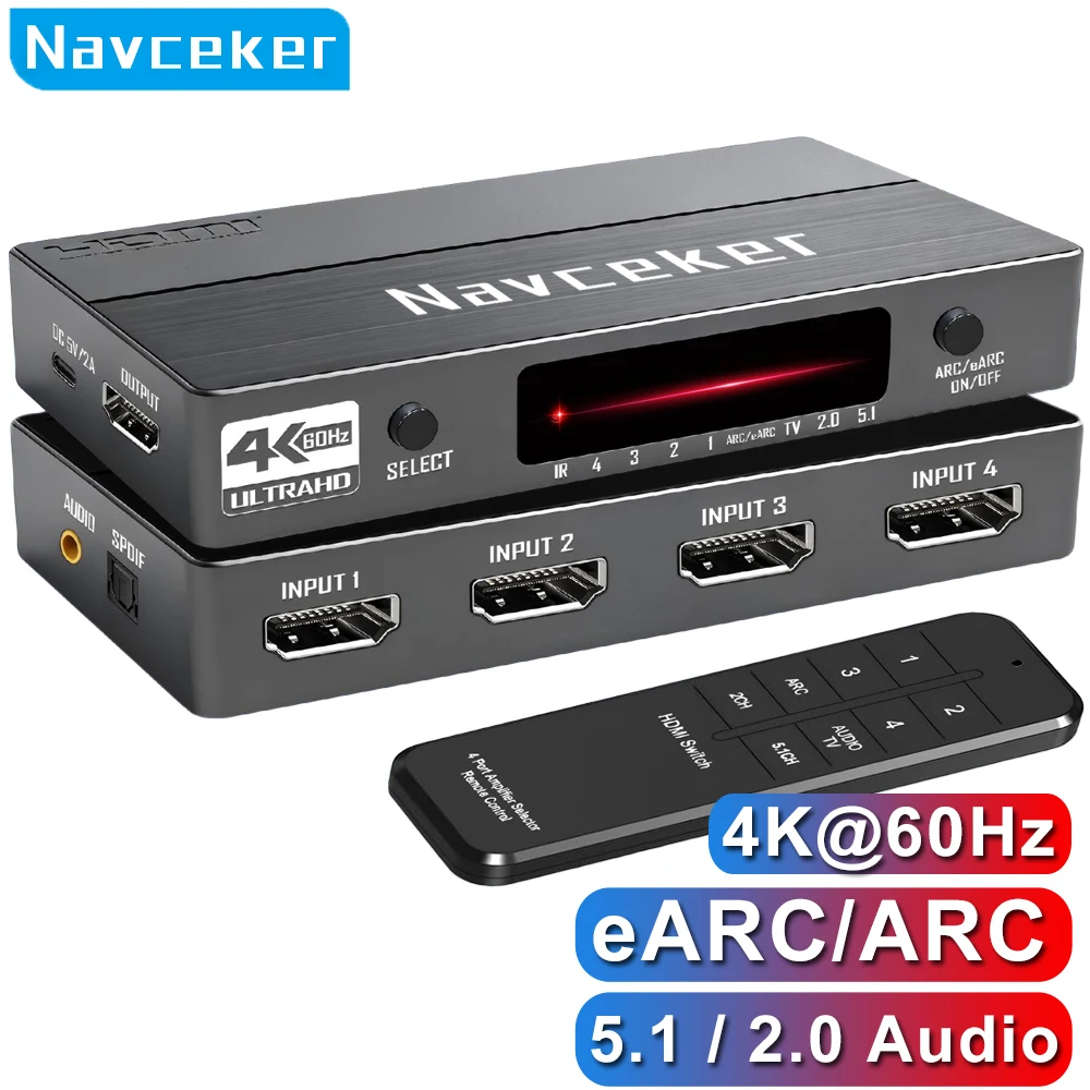 60Hz 4K HDMI-Switch HDR HDMI ARC Audio-Extraktor HDMI 2.0 Splitter Umschalter HDMI-Switch Audio-Extraktor für PS4 Pro Apple TV