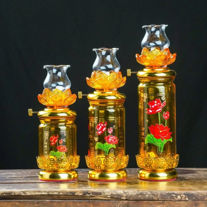 Glass Lotus Oil Lamp For Home Buddha Prayer, Temple Buddhist Altar Eternal Flame Light, Religious Festival Decoration