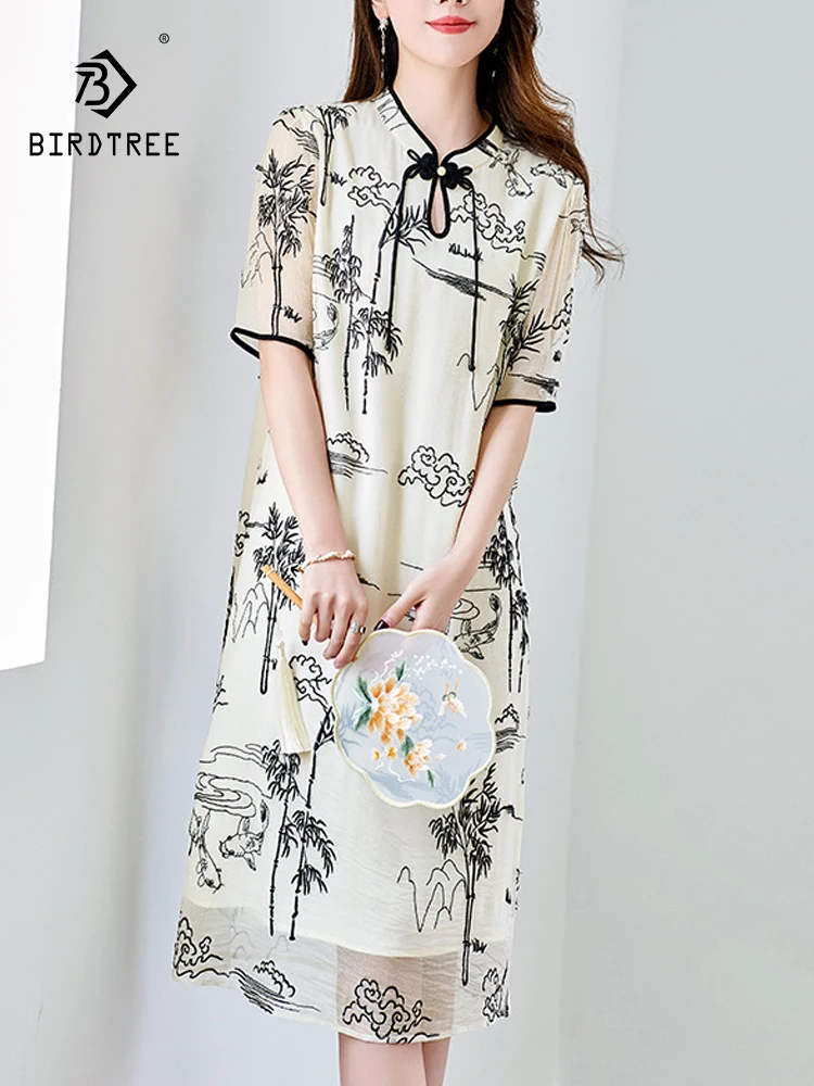 

BirdTree, 100%Real Silk Elegant Dress, Women Short Sleeve Stand Embroidery, Retro Chic Cheongsam, 2024 Summer Autumn D46736QC