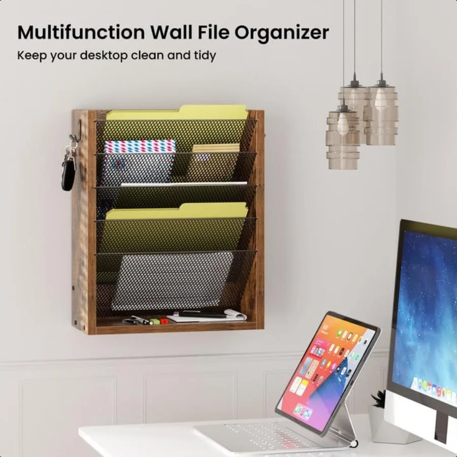 منظم ملفات حائط معلق 6 طبقات حامل ملفات حائط خشبي مع خطافين منظم بريد مثبت على الحائط مع صينية مسطحة سفلية عمودية