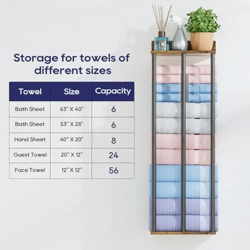 

34-Inch Wall-Mounted Bathroom Towel Organizer With Rustic Wood Top Shelf, Triple Steel Bars, Compact Storage For 6 Rolled Towels