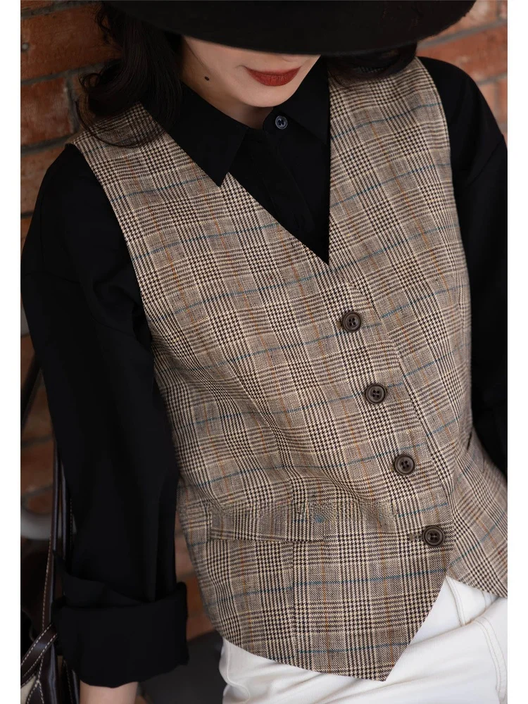 

Brown Plaid Vest Commute Sle Single Button Closure V-Ne Regular Length Linen Material Elevates Outfit Layers 509306