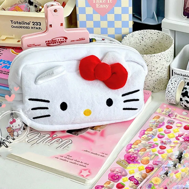 Sanrio Hello Kitty Plush Pencil Case Bag Cute Cartoon Pen Pouch Box Large Capacity Stationery Case School Supplies for Girls