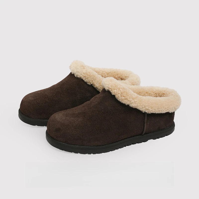 CICIYANG Women Furry Trim Mules Slippers Round Toe Slip on Flat Shoe Cow Suede Leather 2026 New Closed Toe Female Winter Loafers