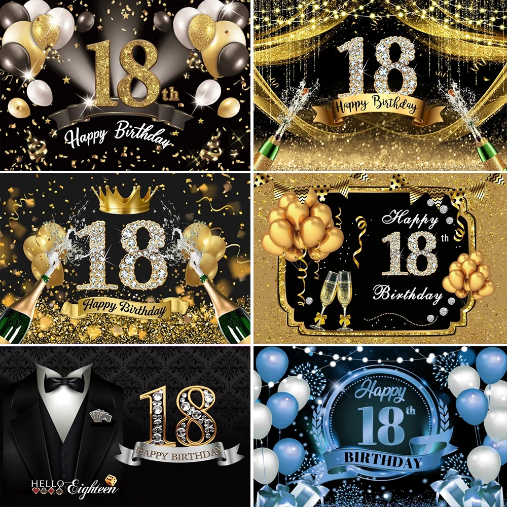 18th Birthday Party Backdrop Black Gold Glitter Balloon for Women Men Boys Girls 18th Birthday Bar Mitzvah Photography Poster