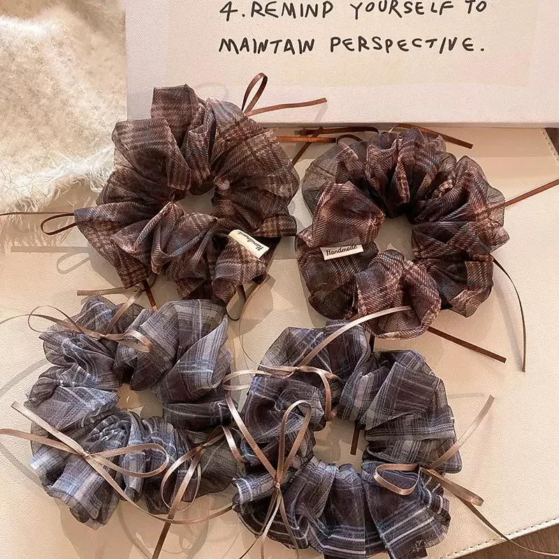 Vintage Plaid Organza Bow Hair Tie - Elegant Double-Layer Hair Tie With Ribbon Details, A Feminine Hair Accessory