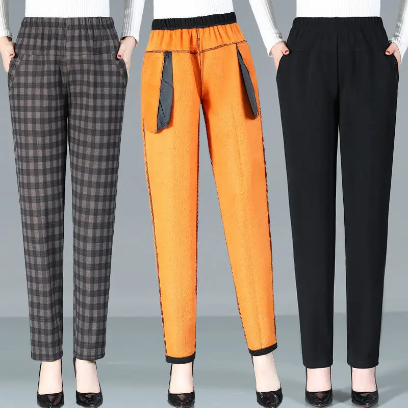 

2023 Women Autumn Winter New High Waist Straight Pants Female Thick Warm Casual Pants Ladies Middle-aged Plaid Trousers T581