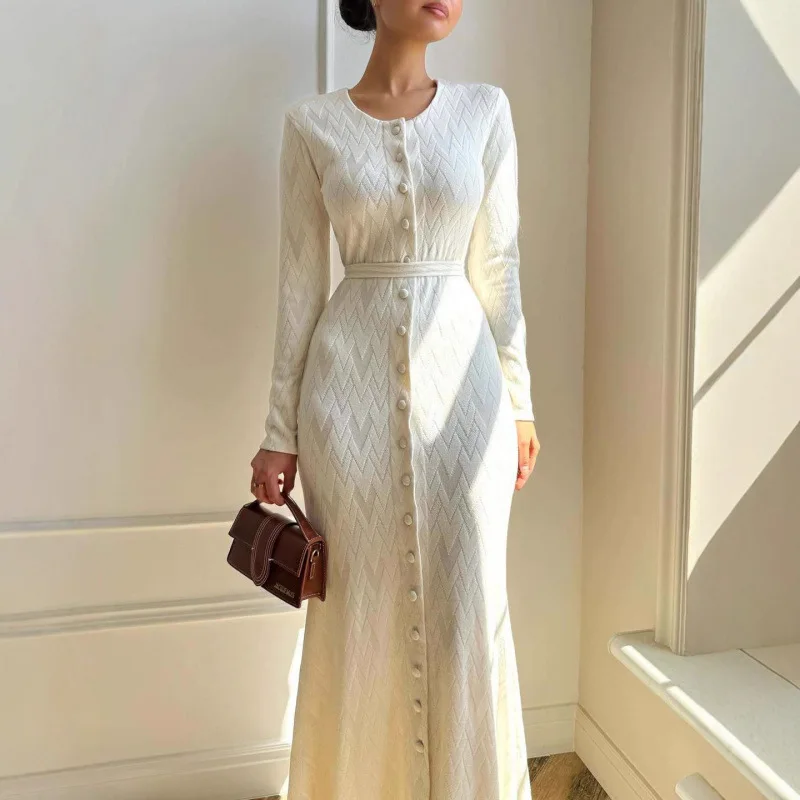 

Temperament Elegant Knitted Dresses Women Autumn Winter New O Neck Single Breasted Leace-up Slim Long Dress Sweater Vestidos