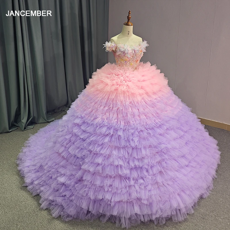 Jancember Exquisite Pink Quinceanera Dresses Beading Crystal Pearls Party Gown Off Shoulder Ball Gown vestidos de quinceañera