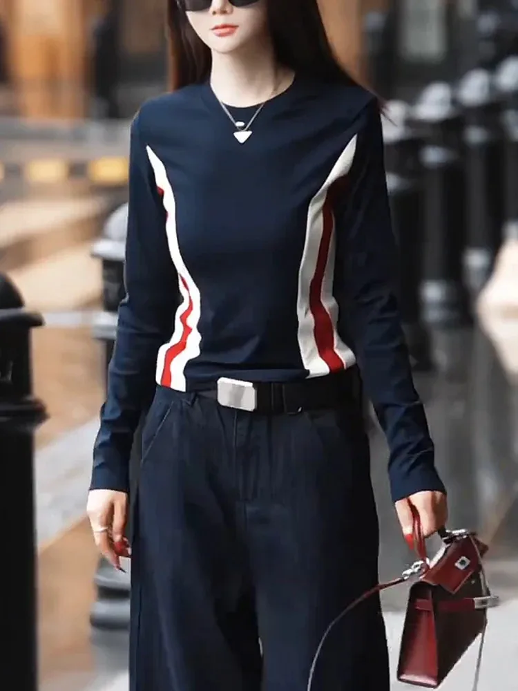 plus Size Autumn New Fashion Splice round Neck Long Sleeve Slim Fit Women's T-Shirt Base Shirt High Waist Wear Resistant