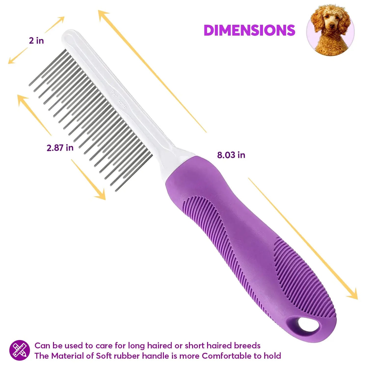 Purple Pet Comb for Dogs & Cats with Long and Short Stainless Steel Metal Teeth for Removes Tangles and Knots