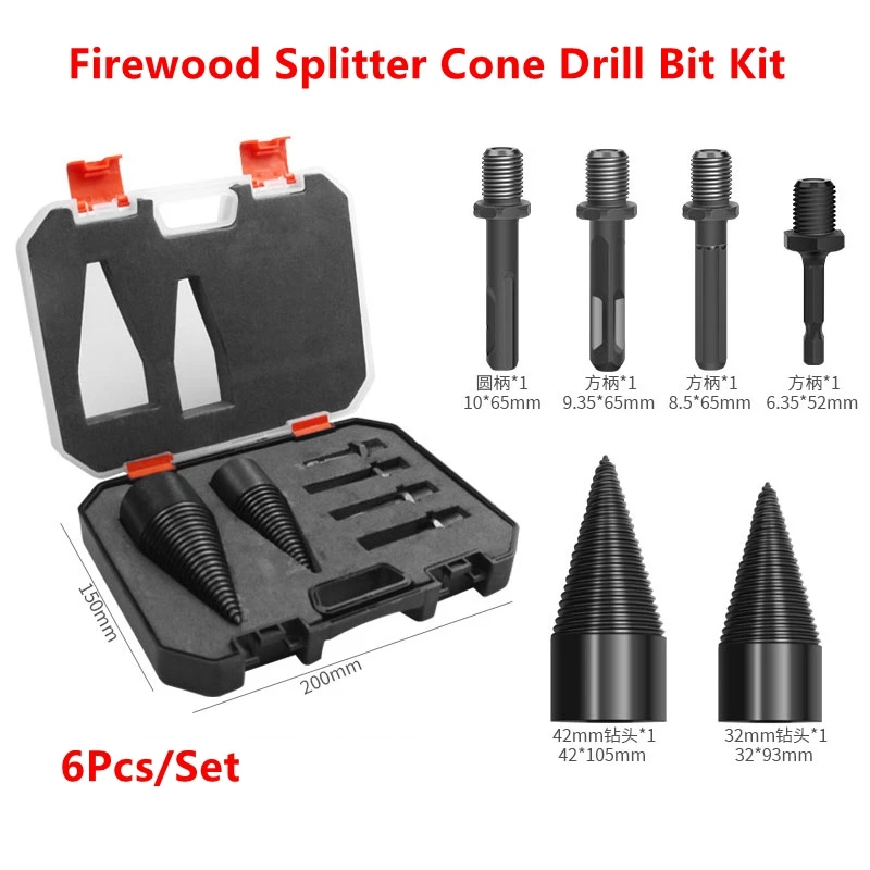 

6PCS/Set 32/42mm Firewood Splitter Cone Drill Bit Kit Round Hex Square Shank Wood Breaker Split Drill Bit Woodworking Tools