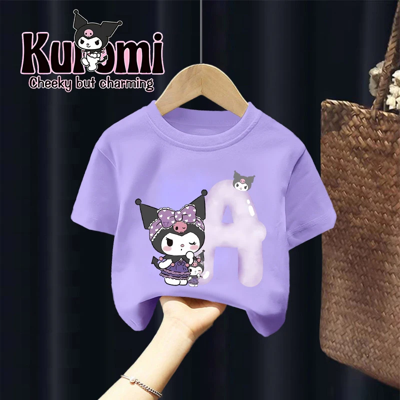 

Sanrio Kuromi T-shirt Letter A-Z Children Clothing Short Sleeve Girls Clothes Cotton Sportwear Fashion Summer Outdoor Wear Gifts