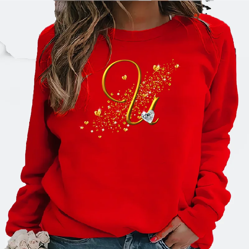 

New Women's Hoodie European Abstract Gold Letter Printed Crew-neck Hoodie Sweatshirt Streetwear Women Aesthetic NO.F S