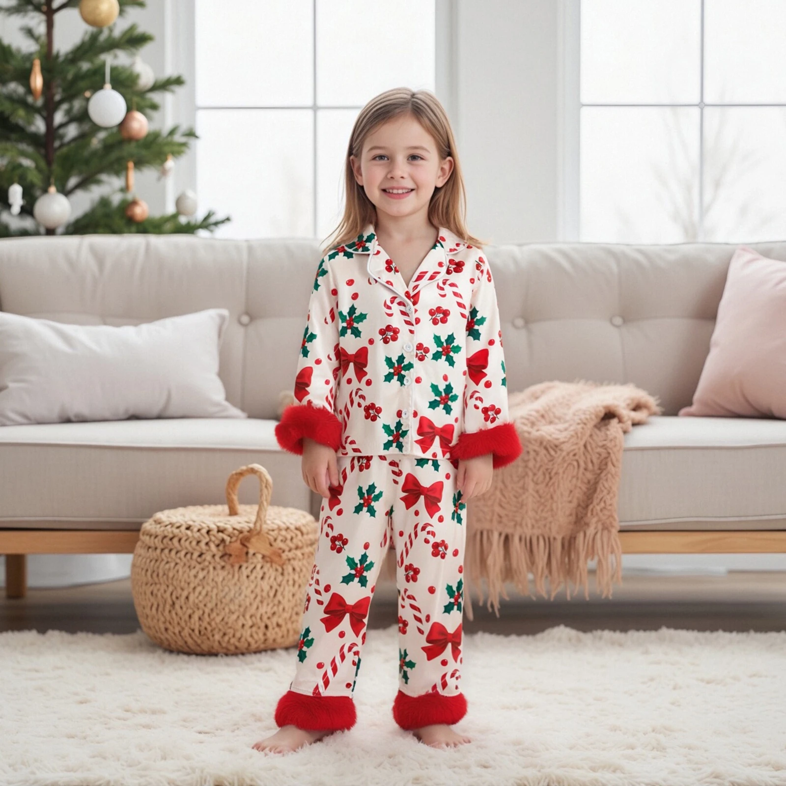 FOCUSNORM 0-7Y طفل أطفال فتاة عيد الميلاد بيجامة من الساتان الملابس مجموعة قصب الحلوى القوس طباعة التلبيب كم طويل زر أسفل بانت #1