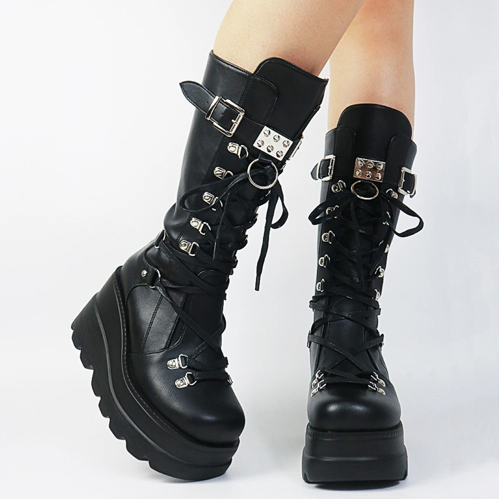 Big Size 35-43 Brand Design Ladies High Platform Boots Fashion Rivet Goth High Heels Boots Women Cosplay Wedges Punk Shoes Woman