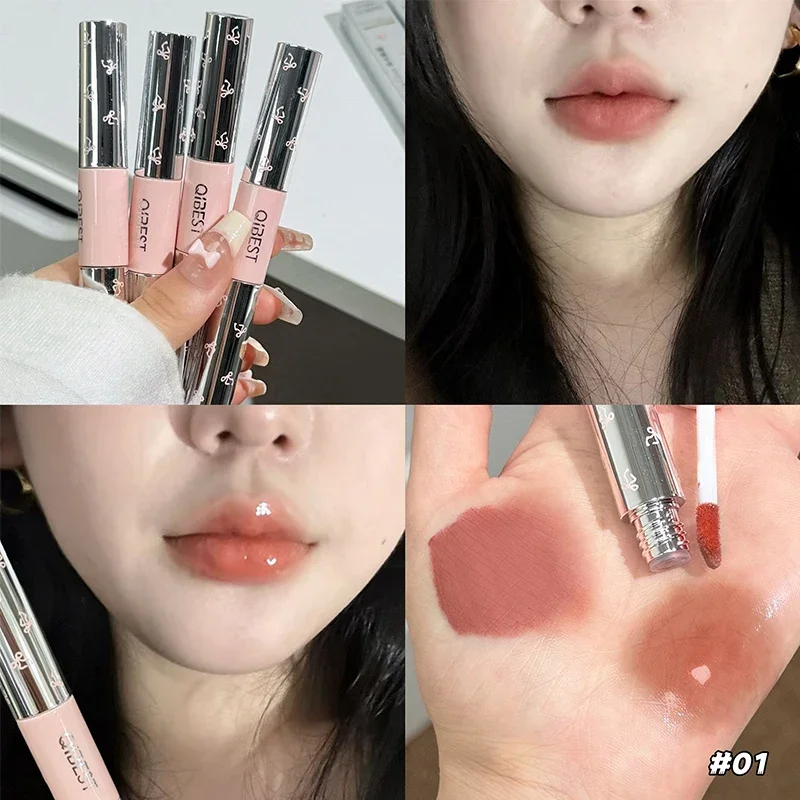 QIBEST esmalte de labios de doble punta duradero tinte rojo Sexy lápiz labial líquido espejo hidratante tinte de labios cosméticos coreanos ligeros