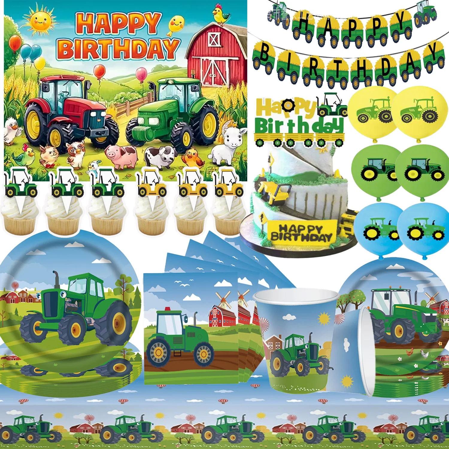 

Farm Tractor Birthday Party Supplies Green Tractor Tableware Set Banner Backdrop Balloon for Kids Boys Birthday Farm Theme Decor