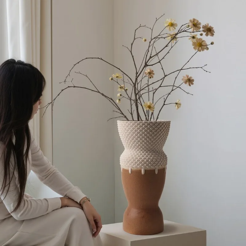 Two Tone Bulb Neck Bloom Vessel Stacked Horizontal Striped Upper Section Dry Branch Tabletop Floral Display Decor Craft