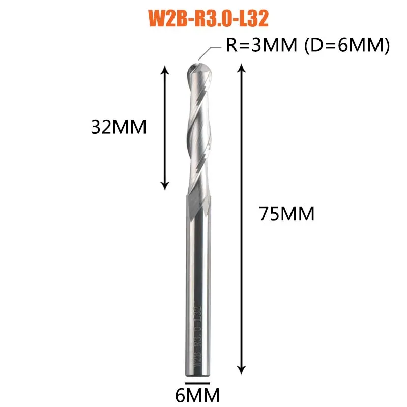 Dreanique 1Pc Carbide Kogelneus Einde Frees 2 Fluiten R0.5-R4.0 Einde Molen Router Bit Voor Hout En Aluminium W2b