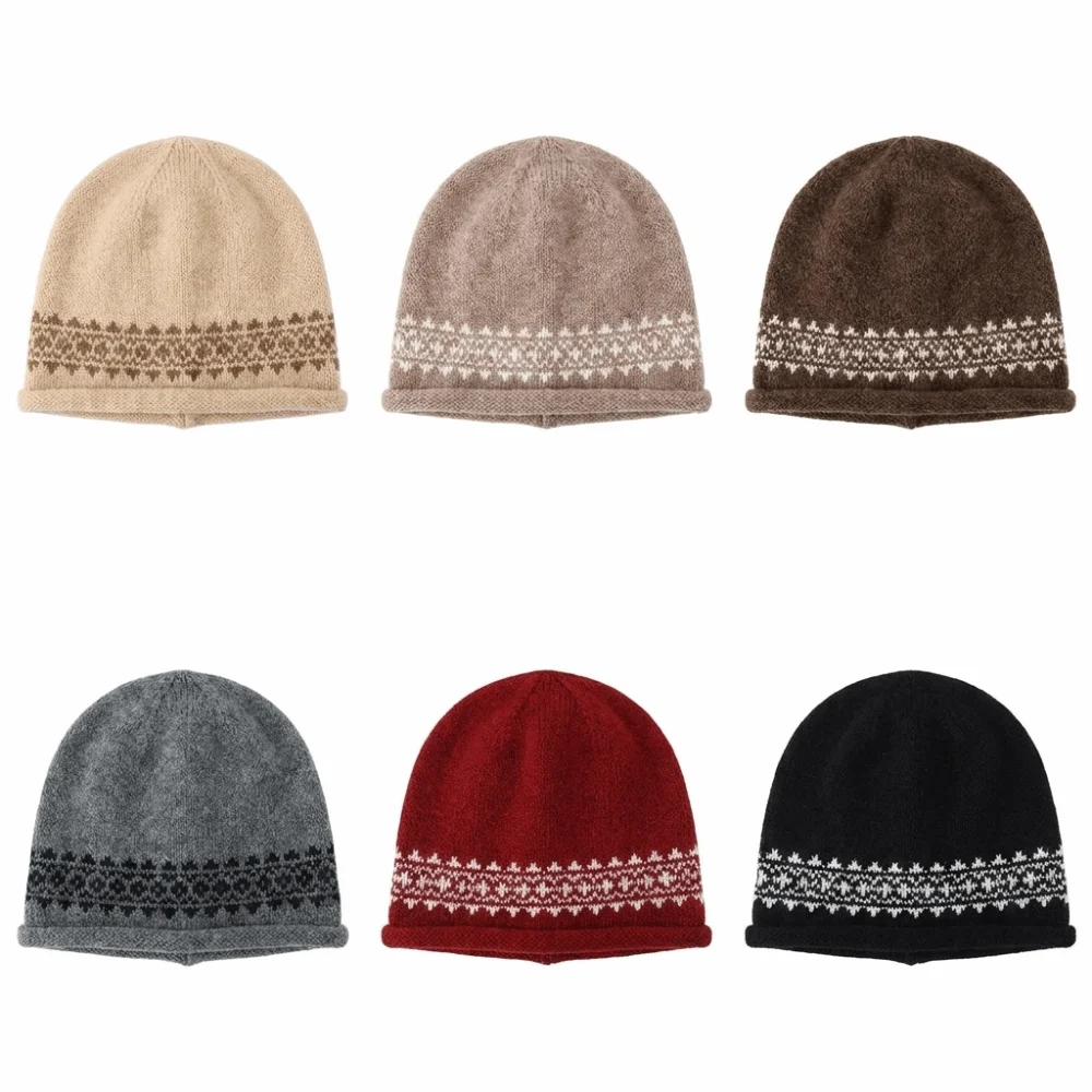 Vintage Women's Beanie Slouchy Fit Adjustable Drawstring Jacquard Knit Hat Large Head Circumference Jacquard Pattern