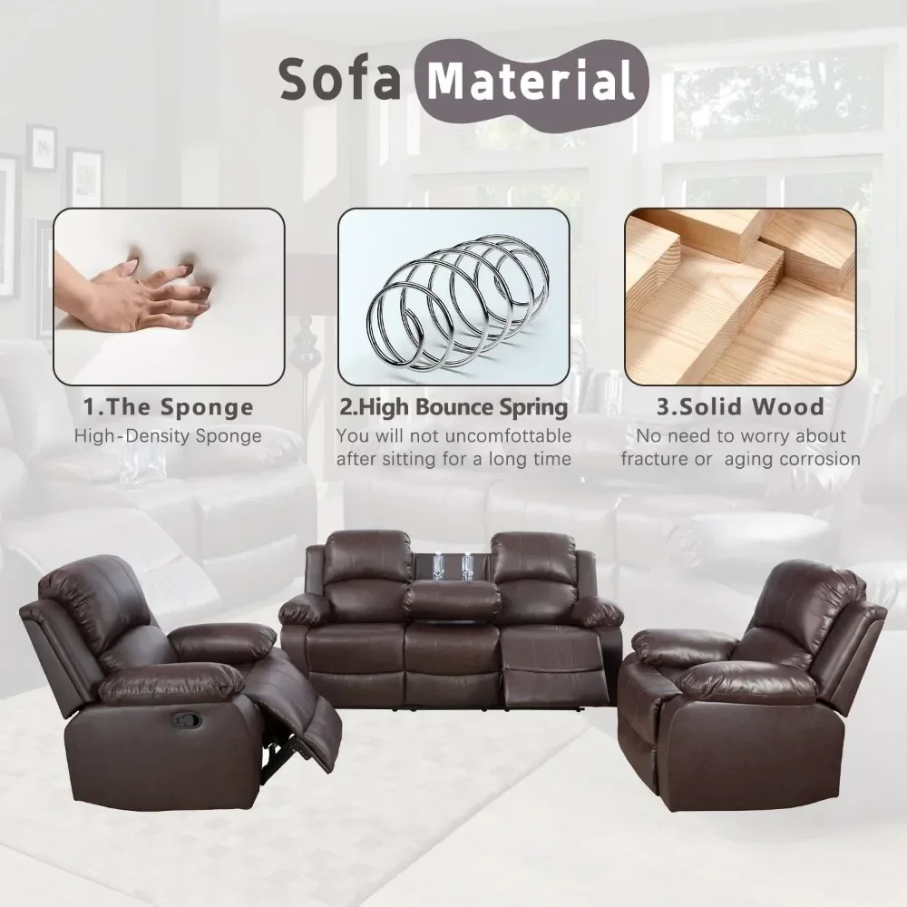 Leather Recliner Sofa Set，Leather Reclining Sofa Set for Living Room Furniture Sets，Brown Recliner Couch Set for Living Room