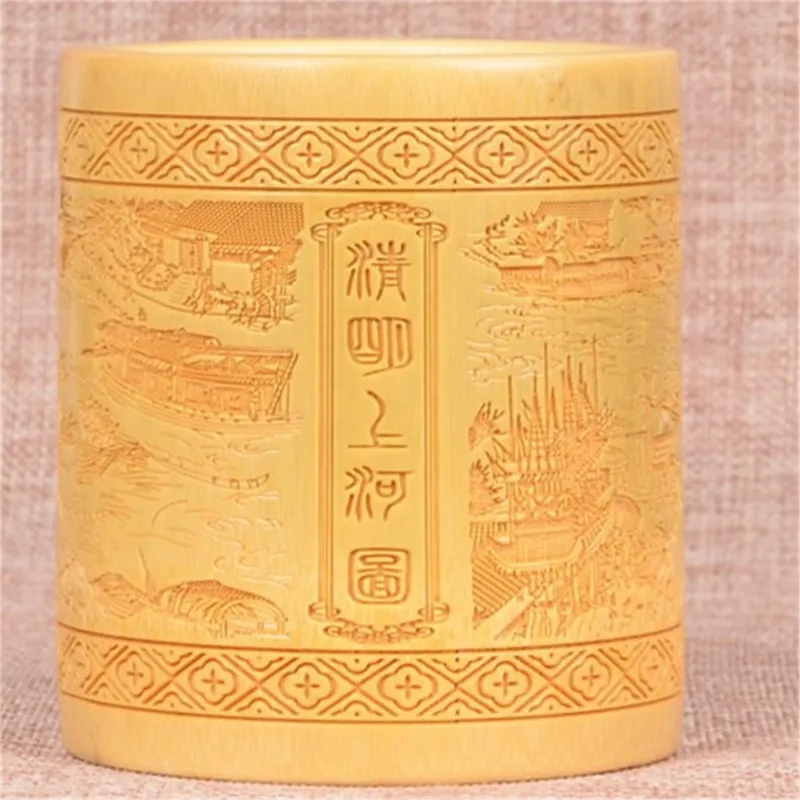 Creative Bamboo Carving Round Pen Holders Chinese Style Classical art Pencil Container Education Office Decoration Gift