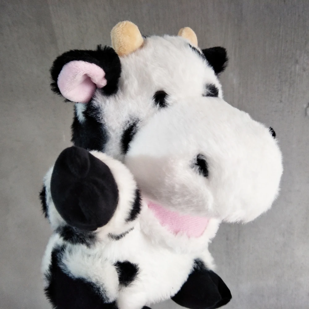 Boerderijdieren handpop melkkoe met open mond gevuld knuffel