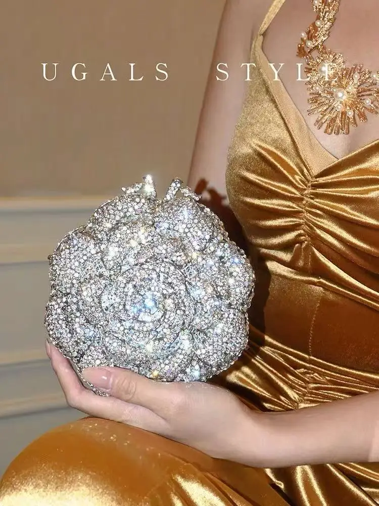 

Luxury Designer Wedding Party Clutch Purse Glitter Rose Flower Mini Bag Women Handbag Crystal Rhinestone Diamond Evening Bag