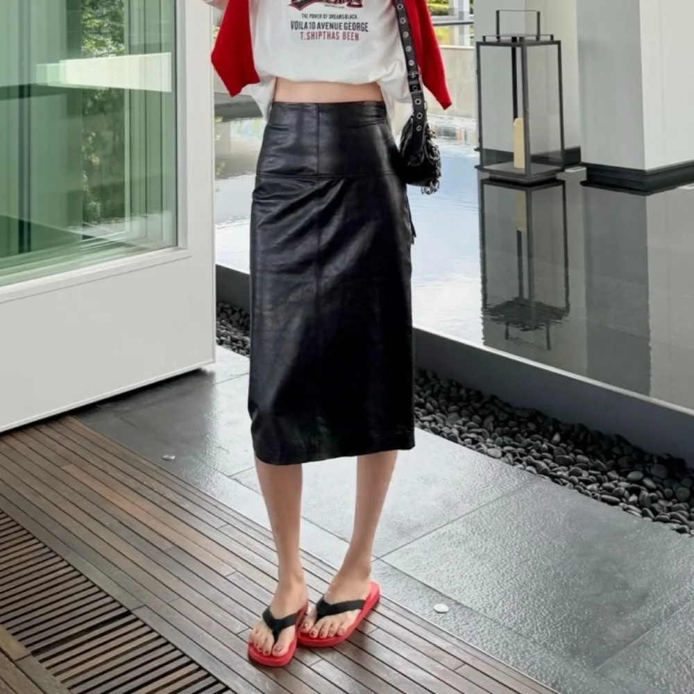 Autumn Italian Genuine Leather Lambskin Skirt for Women