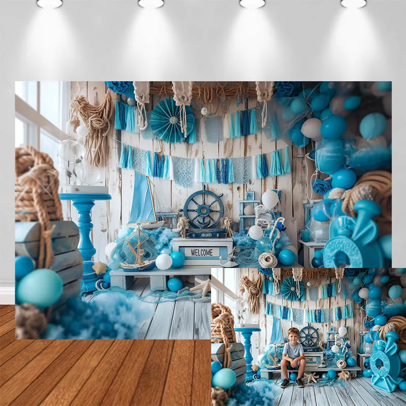 

LS Photography Background Nautical White Wood Grain Board Ship Balloon Decor Birthday Kids Portrait Photo Backdrop Studio