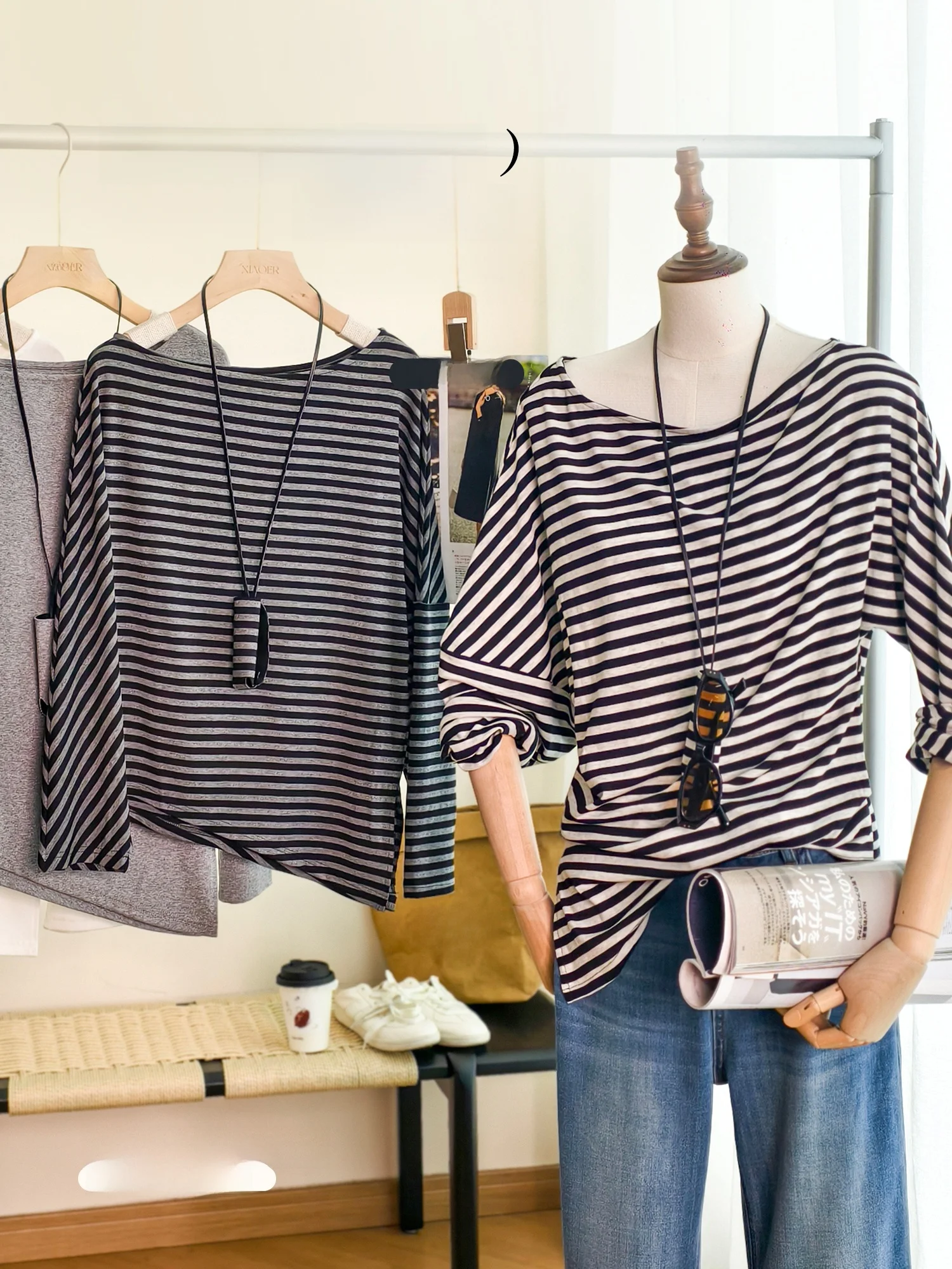 

Универсальная свободная женская футболка с открытыми плечами и цветными полосками из лиоцелла и хлопка для повседневной носки