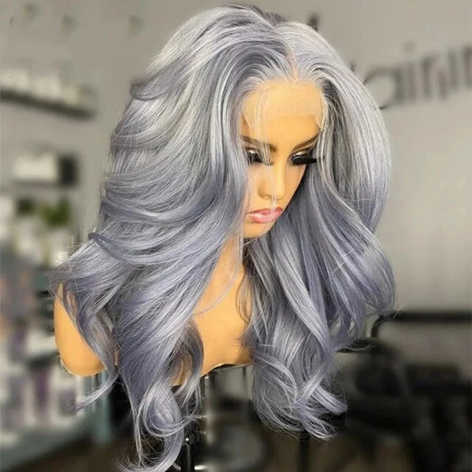 Transparent 13x4 Silver Grey Color Lace Front Wigs Long Body Wave Gray Lace Frontal Wig Pre Plucked Synthetic Heat Resistant