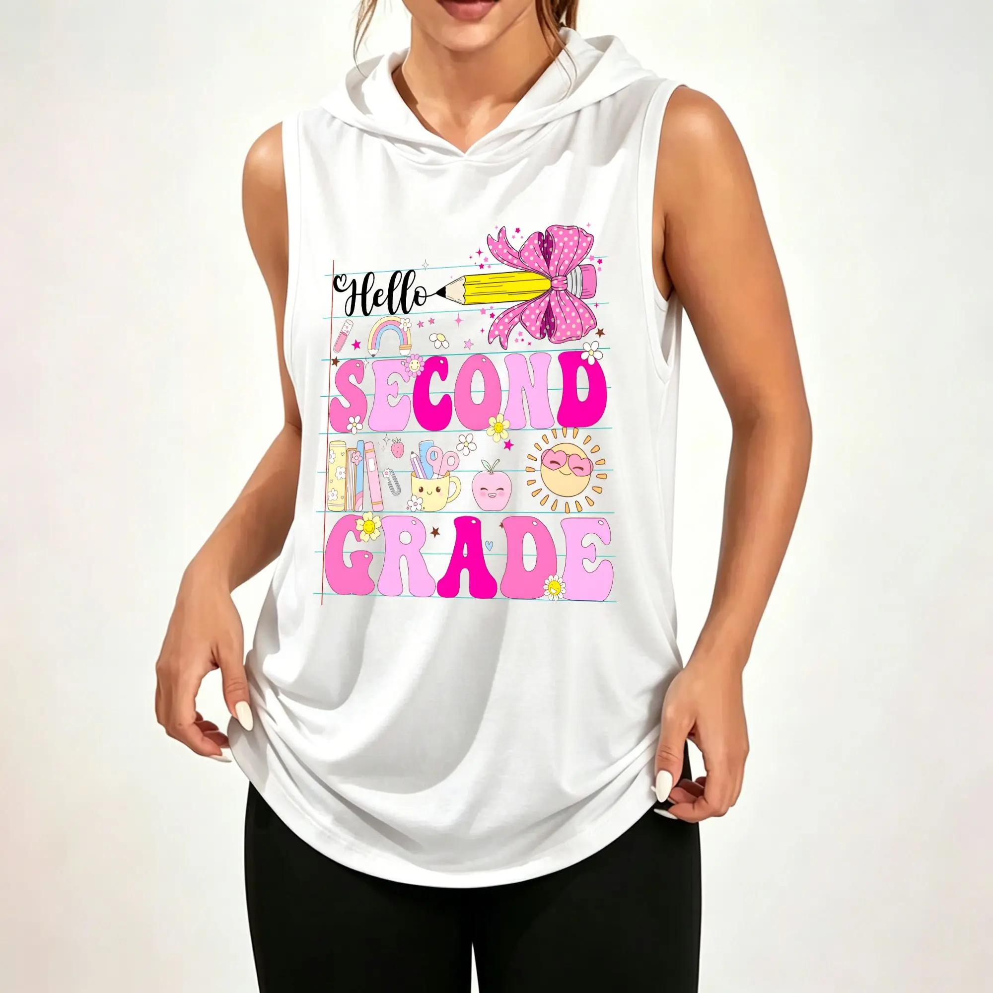 Women's Sleeveless Hoodie, Hello Second Grade Pencil Bow Sun Rainbow School Element Graphic Print Casual Hooded Tank Top