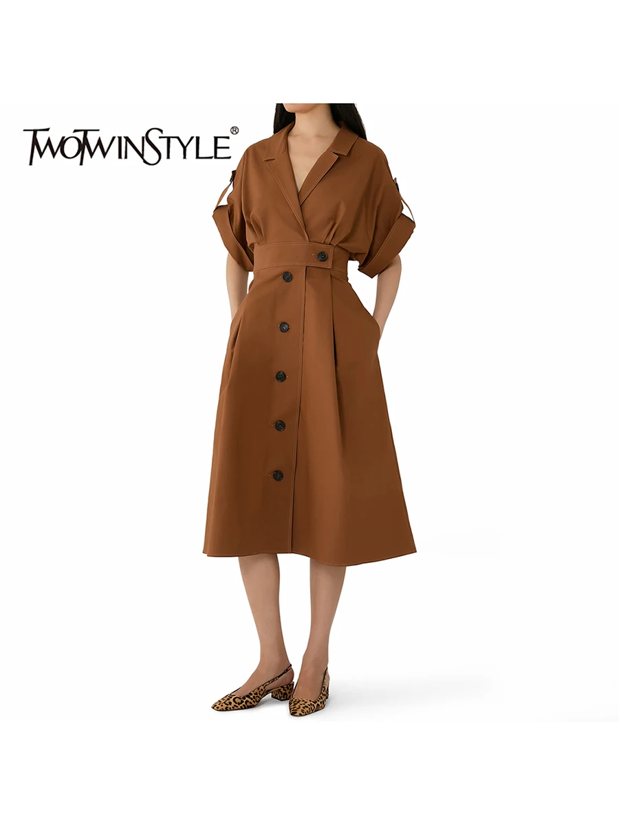 

TWOTWINSTYLE Solid Spliced Shirring Fashion Dresses for Women Lapel Short Sleeves Tunic Patchwork Buttons Dress Female Clothing