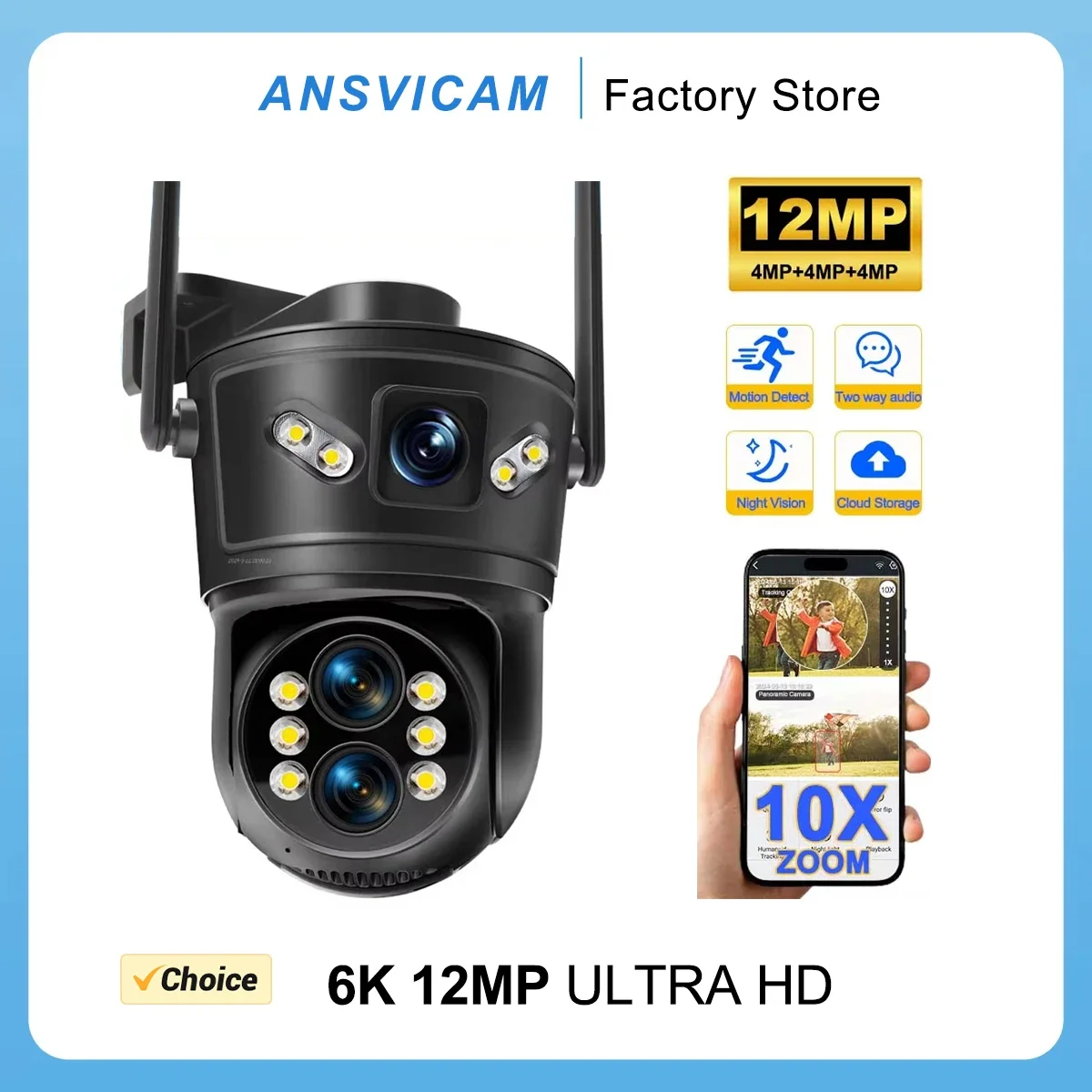 

6K 12MP WiFi PTZ Camera Outdoor Security IP Cam with Three Lens 10X Zoom Dual Screen Auto Tracking Bluetooth Surveillance CCTV