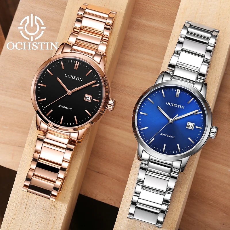 OCHSTIN Mens Watches Automatic Mechanical 2023 New Royal Blue Leather Strap Auto Date Business Style Dress Wristwatch Male Clock