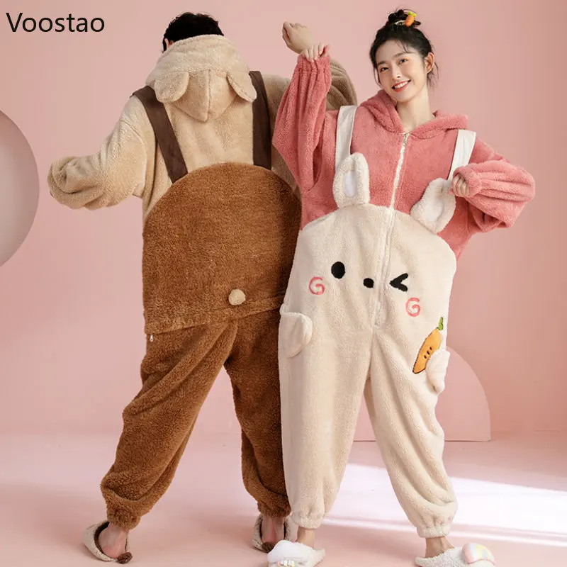 Sweet Bunny Ears Hooded Onesies Women Autumn Winter Warm Couple Pajamas Men Kawaii Bear Nightwear Pyjamas Jumpsuit Cute Homewear