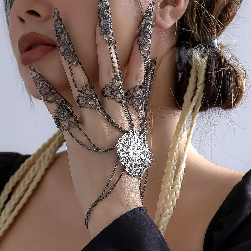 Punk Finger-cot Link Chain Bracelet Connected Finger Ring Bracelets for Women Linked Hand Harness Halloween Party Jewelry Gifts