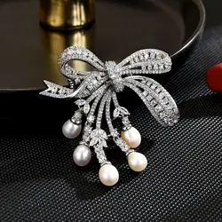 High-end Design Fashion Light Luxury Micro-inlaid Zircon Bow Brooches Natural Freshwater Pearl Corsage Coat Accessories Pins