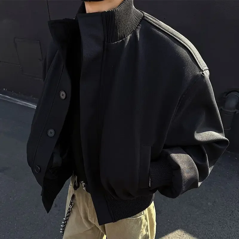 Retro Navy Blue Wide Stand Collar Jacket for Men in Spring Autumn Britain Style Cool Trendy Short Flying Jacket Tough Gentleman