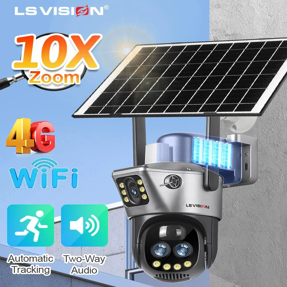 LS VISION Dual Screen Solar-Powered Camera 10X Zoom Outdoor Security with Light Alarm & Auto Tracking PTZ 4G SIM WiFi IP66 CCTV