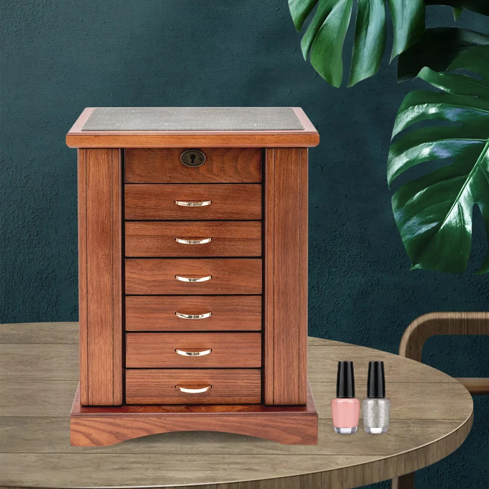 กล่องใส่เครื่องประดับไม้ 7 ชั้น พรีเมียม พร้อมกุญแจและกระจก ความจุขนาดใหญ่ บุด้วยกำมะหยี่ สำหรับผู้หญิงและเด็กผู้หญิง ใส่สร้อยคอ แหวน ต่างหู