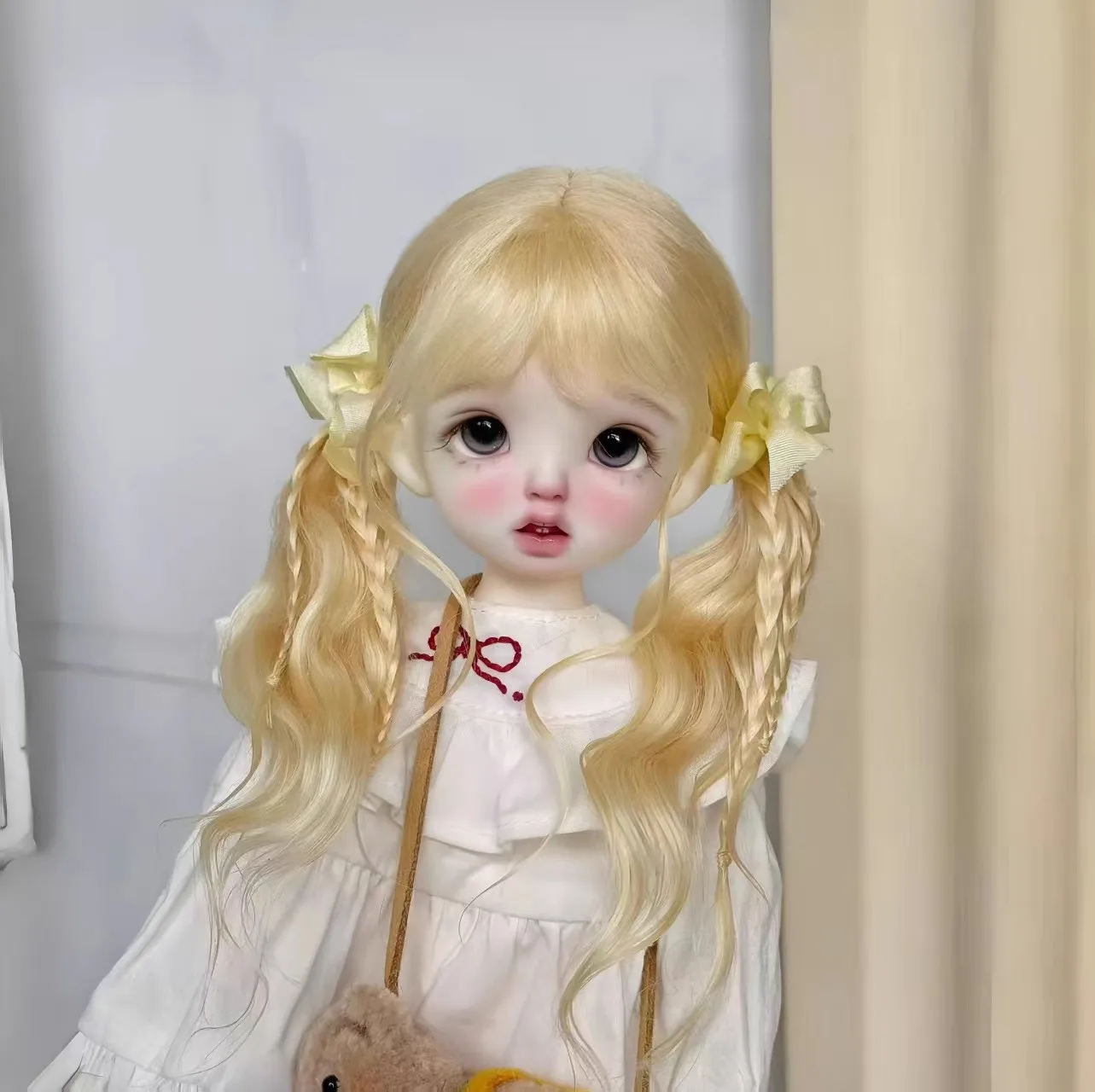 

30cm BJD Wig Soft Mohair Bangs Double Ponytails Bow Curly Long Hair for 1/6 BJD SD DD Doll Hair 6-7 Inch Doll Accessories