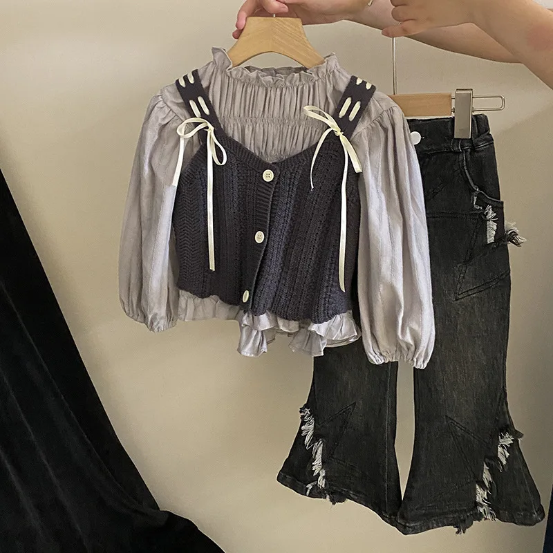 Childrens Sets Korean Shirt Knitting Camisole Two Pieces Autumn New Tide Cool Personality Horn Pants 2024 Clothing Tide