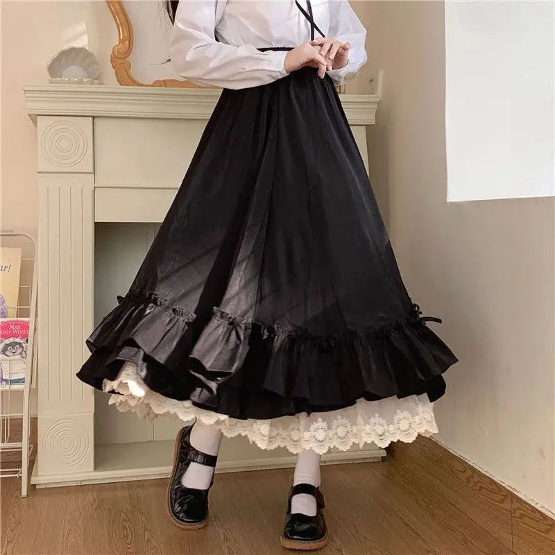 Fashion Japanese Solid Color Double Layer Vintage French Ruffled A-Line Pleated Skirt Hepburn Half Skirt Female White Long Skirt