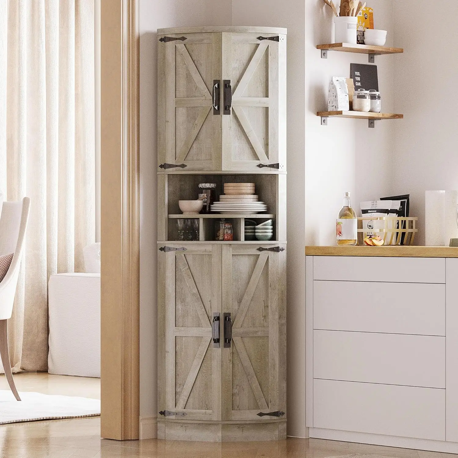 

Tall Corner Cabinet With 3 Wine Ras, Farmhouse Storage Cabinet With 4 Doors And Adjustable Shelves, Barn Door Design, Corner