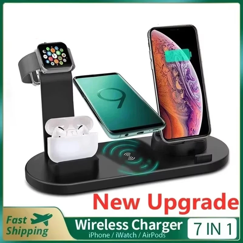 Base de Carga Inalámbrica 7 en 1, Estación de Carga Rápida para iPhone 17 16 15 14 13 12 X XR XS 8, Apple Watch 8 7 6, Airpods Pro