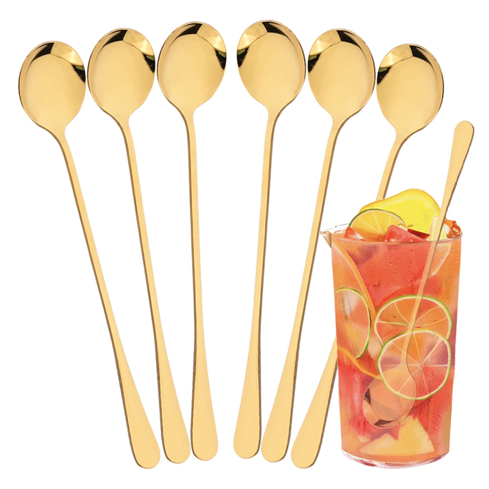 Cuchara agitadora de té y café dorada, cucharas de postre para helado con mango largo, vajilla ecológica de acero inoxidable, suministros de cocina, 6 uds.