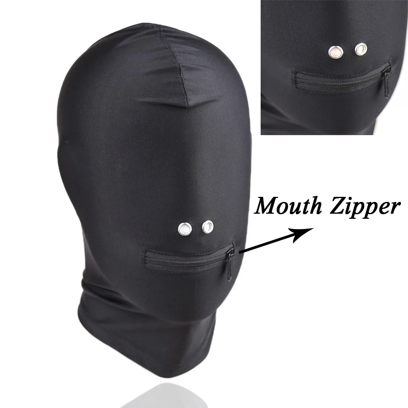 Black Mask with Open Mouth Zipper Headgear Cover Eye Head Hood  Restraints Harness BDSM Bondage Roleplay Sex Toy Women Men